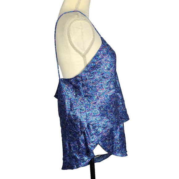 VTG Henson Kickernick Satin Robe Tank Shorts Large Blue Peacock Pajamas Lounge - Picture 5 of 16